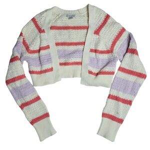 American Eagle Women's Cropped Striped Knit Cardigan L Ivory Pink‎ Purple